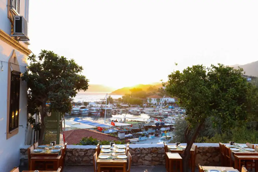 Things to do in Kas watching sunset from restaurant patio